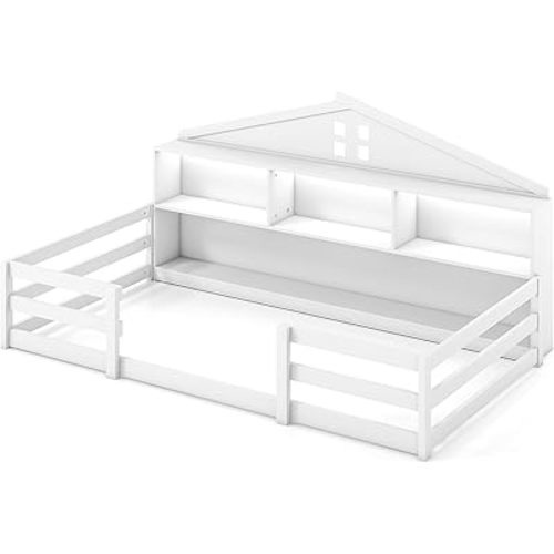 Giantex Full Size Montessori Floor Bed with LED Lights, 2-in-1 Wooden House Bed Frame with Safety Guardrails, Storage Compartments & Shelf, No Box Spring Needed, Without Slats, White