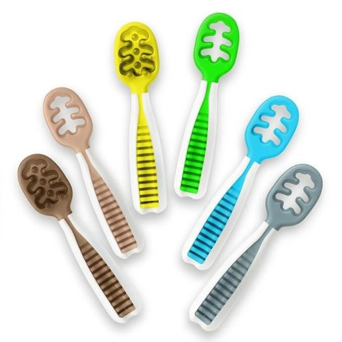 NumNum Baby Spoons Set, Feeding Littles x Silicone Pre-Spoon GOOtensils for Baby Led Weaning, Self-Feeding & Teething, First Stage Toddler Utensils for Ages 6+ Months, 6-Pack, BPA-Free (Neutral/Neon)