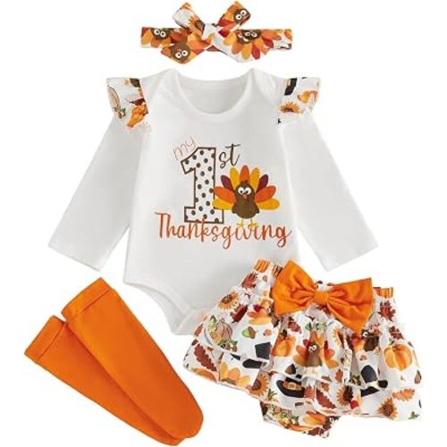 My First Halloween Baby Girl Outfit Pumpkin/Ghost Romper Ruffle Layered Skort Headband Socks Set Cute Clothes