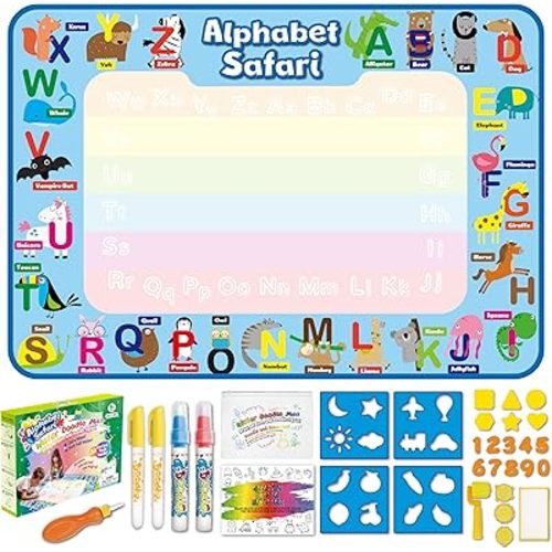 ANIMOLDS Water Doodle Mat - 40x32 Inch Aqua Magic Drawing Board for Kids (Alphabet Safari)