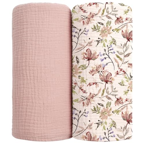 lulumoon Muslin Swaddle Blankets for Baby: Soft Cotton Newborn Receiving Blankets - Floral Print Nursery Gift Set for Baby Girls(Sand Flower)