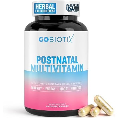 GOBIOTIX Postpartum Vitamins for Breastfeeding Moms - Postnatal Lactation Supplement with Organic Herbs, Minerals, Nutrients for New Mothers and Baby - Postpartum Essentials, Non GMO, Vegan, 60 Caps