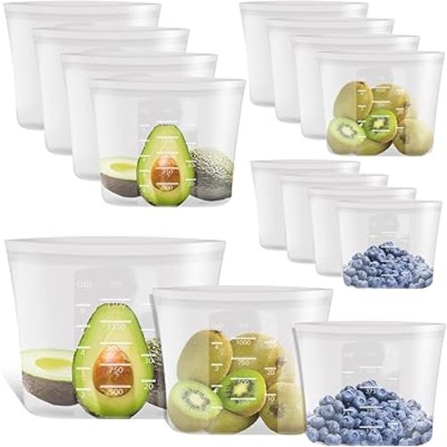 100% Platinum Silicone Reusable Storage Bags, 12 Pack, Premium Silicone Food Storage Bag Stand-Up Wide-Mouth Zip-Lock, Freezer Microwave Oven Dishwasher Safe, 4 M + 4 S + 4 XS, Crystal-Clear