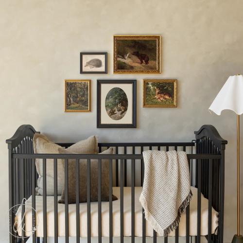 Woodland Nursery Gallery Wall Art Set | Vintage Fox, Deer, Bear, Hedgehog and Squirrel Prints | Ornate Gold & Black Frames | G21