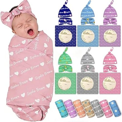 Personalized Baby Blanket Girl Boy Custom Name Swaddle Newborns Hat Set Customized Gifts Toddler Infant Outfit
