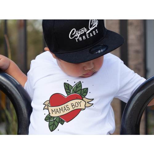 Kids T-shirt for Mother's Day, Retro Tattoo Heart Mamas Boy Toddler Shirt, Cool Baby Shower Gift for New Mom, Cute Mama's Boy Baby Onesie®
