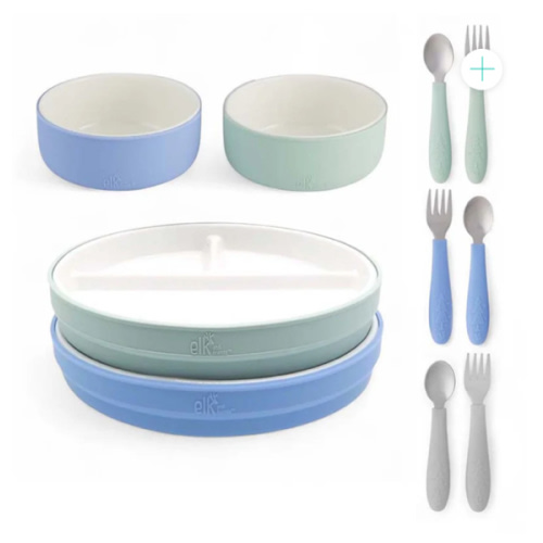 Kids Porcelain Mealtime Bundle | Normal Sleeves | 7.8" Plates, Bowls + Toddler Utensils | 10 Pcs | Sage/MistyBlue