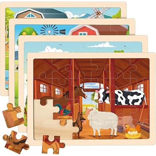 Wooden Farm Puzzles for Kids Age 3 4 5 Year Old, 4 Pack 24 Pcs Montessori Toddler Jigsaw Puzzles for Girl boy Activities Preschool Learning Educational Birthday Gift