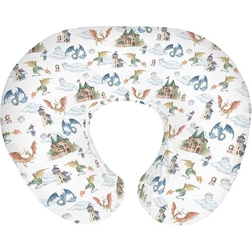 Fairytale Dragon and Knights Baby Nursing Pillow Covers for Boy Girl Fantasy Dragons Princess Castle Nursing Pillowcase for Breastfeeding Pillows Moon Clouds Soft Stretchy Slipcover for Newborn Infant