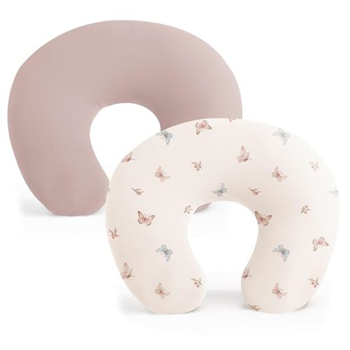 Konssy 2 Pack Nursing Pillow Covers, Stretchy and Soft Nursing Cover for Breastfeeding Pillows, Pillow Slipcover for Baby Girls Boys Newborn (Butterfly Dreams, Taupe)