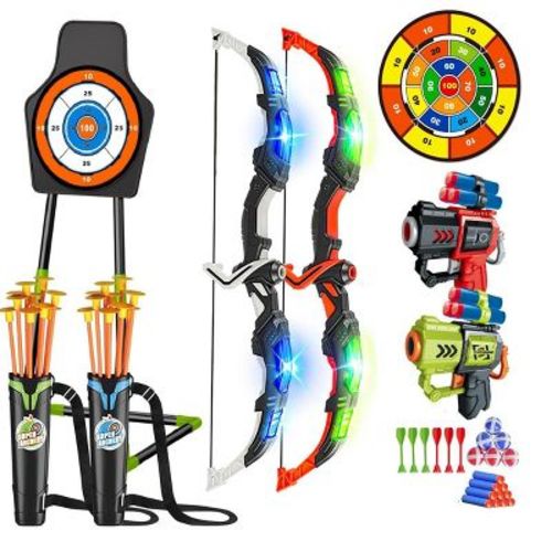 2 Pack Bow and Arrow Toy, Light Up Archery Toy with Cup Suction Standing Target & 29 in Dart Board Toys for Kids 5-12 Year