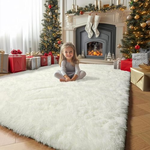 Amdrebio Ivory White Rugs for Bedroom Living Room, Soft Indoor Modern Area Rug 4x6 for Kids Room, Cute Fluffy Thick Fuzzy Carpet for Nursery Dorm, Home Decor, Furry Cream Rugs for Baby Teen Girls Boys