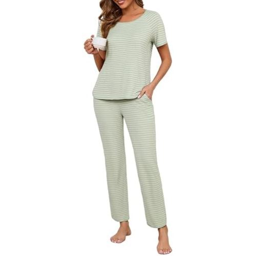 Womens Pajama Sets Cotton 2 Piece Lounge Set Stripe Short Sleeve Pj Set Comfy Loungewear Sleepwear with Pockets