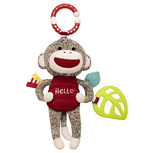 Baby Starters Sock Monkey Crinkle, Rattle, Squeak Plush with Teether and Travel Hook, 9 inch