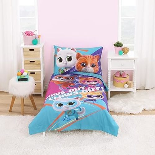 NoJo Disney Junior SuperKitties Purple, Pink, and Aqua, with Ginny, Sparks, Buddy, and Bitsy 4 Piece Toddler Bed Set - Comforter, Fitted Bottom Sheet, Flat Top Sheet, and Reversible Pillowcase