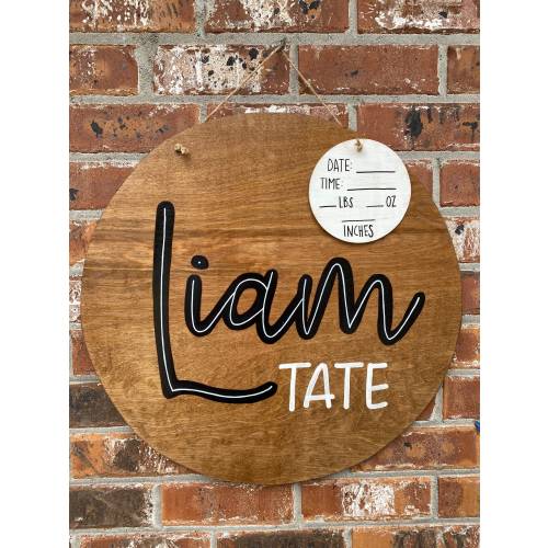 Stained baby door hanger-family-wood cut out-announcement-hand painted