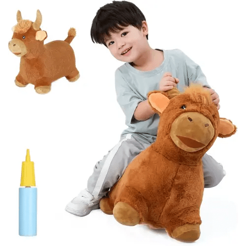INPANY Bouncy Bull Hopping Toys - Toddler Brown Plush Cow Hopper, Kids Inflatable Farm Animal Hopper Horse, Outdoor Indoor Ride on Rubber Bouncer, Toys for 2 3 4 Year Old Boy Girl Birthday Gifts