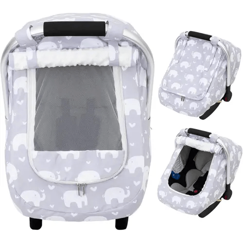 Baby Car Seat Cover, Mink Warm Infant Car Seat Cover for Girls Boys, Universal Carseat Cover with Mesh Peep Window & Sun Shade, Baby Carrier Canopy Cover for Winter Autumn