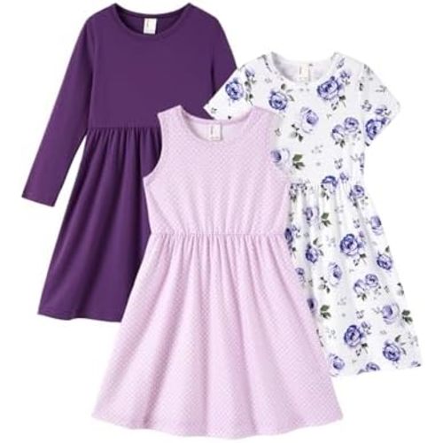 PATPAT Toddler Girl Floral Skater Multipack Dresses 3-Pack Polka Dots Short Sleeve Priness A-line Dress