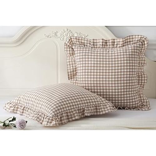 Taupe Plaid Ruffle Throw Pillow Covers 20x20 inches,2 Pack Vintage Checkered Washed Cotton Pillow Shams for Bed, Sofa, Living Room