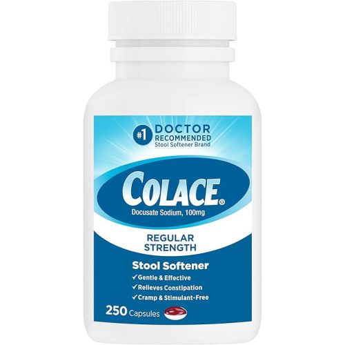 Colace Stool Softener 100 mg, 250 Capsules, Constipation Relief, Docusate Sodium, Gentle Docusate, Stimulant-Free, Regular Strength, #1 Doctor Recommended Stool Softener Brand