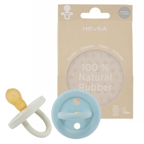 HEVEA Natural Rubber BumiBébé Pacifiers - Newborn 0+ Months - Round Teat Shape - Two-Pack - Denim & Sage