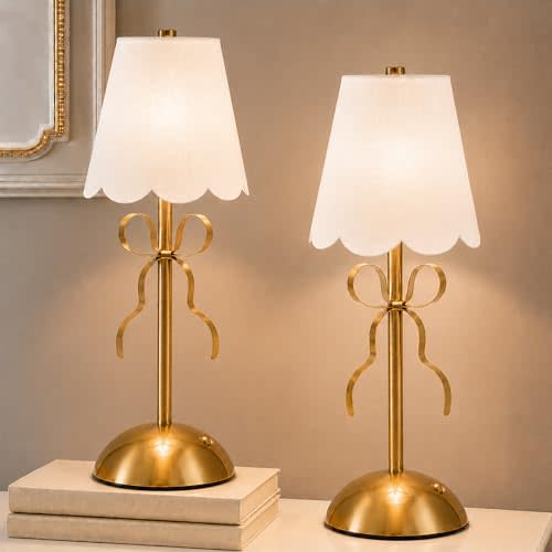 2 Pack Cordless Small Table Lamp,Cute Led Desk Lamp,Gold Bow Lamp | 3 Color Modes,Stepless Dimming,Fabric Shade,Touch Battery Operated Lamp for Bedroom Living Room Nursery Decor