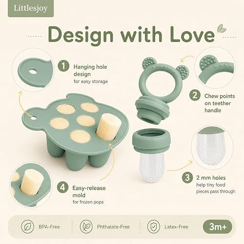 Silicone Baby Fruit Feeder/Food Pacifier/Breastmilk Popsicle Molds for Purees - Teething Relief Teether for Infant Self Feeding - BPA Free (Sage)