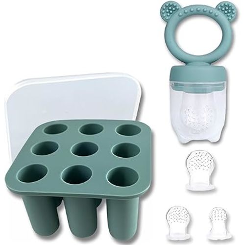 JEXFUN Silicone Baby Fruit Food Feeder Pacifier & Breastmilk Popsicle Freezer Molds, Baby Food Storage Containers Breast Milk Ice Cubes for Baby Teething & Infant Self Feeding, BPA Free (Blue)