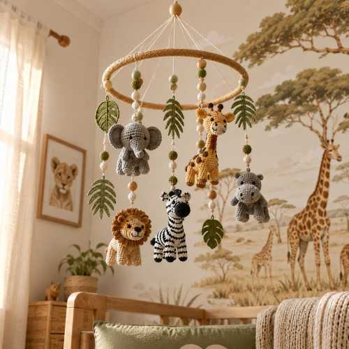 Safari Animal Nursery Mobile, Crochet Jungle Crib Decor, Neutral Savanna Baby Shower Gift, Personalized Lion Elephant Giraffe Baby Mobile