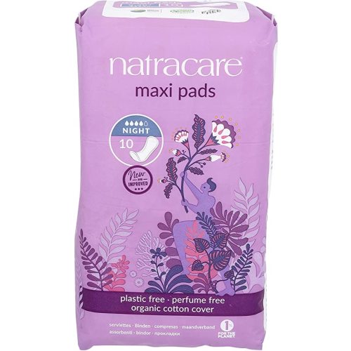 Natracare Natural Night Time Maxi Pads, Individually Wrapped, Without Wings in Plant-Based Bag (1 Pack, 10 Pads Total)