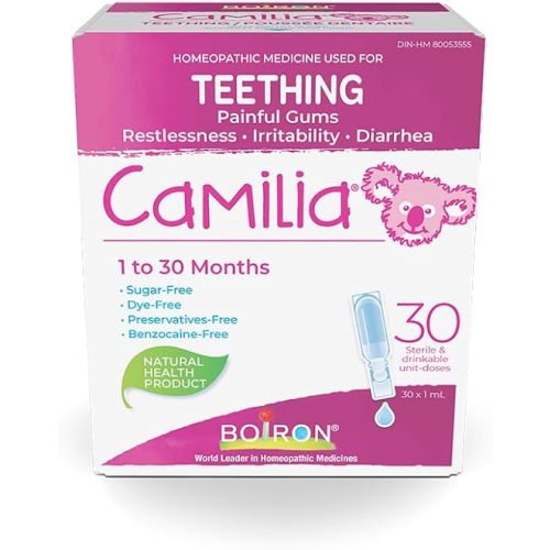 Boiron Camilia Baby Teething Medicine, 30 unit-doses. Camilia used for pain, restlessness, irritability and diarrhea due to teething. Benzocaine-Free and Preservative-Free ,No Sugar, No Dye. 1 to 30 months Day and night use