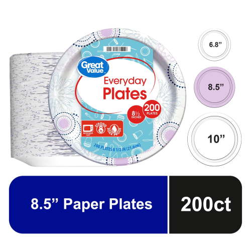 Great Value Disposable Paper Plates, 8.5 inches, 200 count, microwave safe