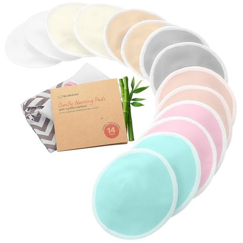 Organic Nursing Pads - 14 Washable Breast Pads for Breastfeeding, Wash Bag, Viscose Derived from Bamboo Reusable Nipple Covers for Breastfeeding Essentials, Soft & Absorbent (Pastel Touch, L 4.8")