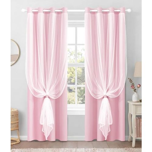100% Blackout Curtains with Sheer Overlay, 2 Panels Thermal Insulated Double Layer Grommet Drapes for Girls Bedroom Living Room Darkening Apartment Windows Decor, 52" W x 84" L, Pink