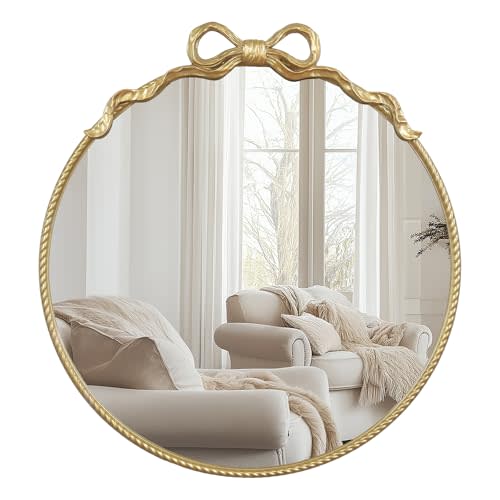 Gold Bow Metal Round Mirror -24inch Elegant Wall-Mounted Vanity Decorative Mirror for Bedroom, Bathroom, Living Room