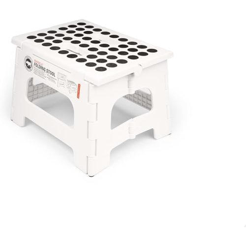 Kikkerland Rhino Foldable Step Stool – Holds Adults up to 300 Lbs, Best for Kitchen & Bathroom – Collapsible, Portable, Lightweight Stepping Stool with Sturdy, Non-Slip Design – White, 8”
