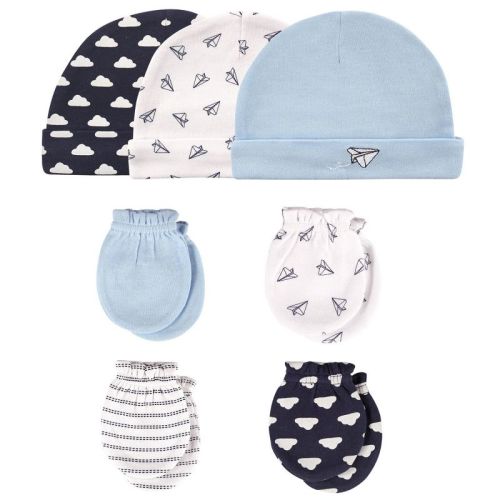 Hudson Baby Infant Boys Cotton Cap and Scratch Mitten 7pc Set, Paper Airplane, 0-6 Months