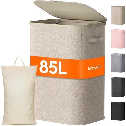 Lifewit 85L Large Laundry Basket with Lid, Laundry Hamper with Plastic Handles and Removable Bag, Foldable Tall Dirty Clothes Hampers for Laundry for Laundry Room, Bedroom, Bathroom, Dorm, Beige