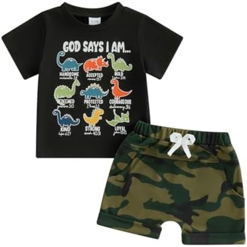 PUHHAPIEY Baby Boy Clothes Toddler Summer Outfit God Says I Am Dinosaur Short Sleeve Christian Tee Shirts Camouflage Shorts