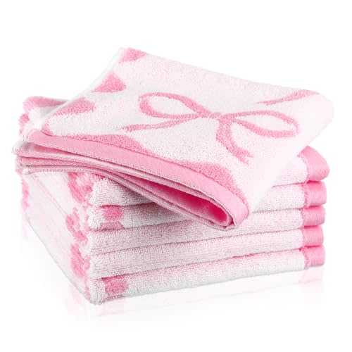 Coume 6 Pcs Pink Bow Washcloths 100% Cotton Wash Cloths 13" x 13" Coquette Small Face Towels Absorbent Soft Preppy Wash Cloths & Hand Bath Towels for Bathroom, Spa, Kitchen Drying Cleaning