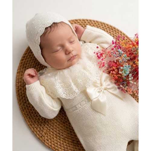 Knit newborn princess girl tricot Embroidered beige knitted Spanish Style hospital outfit first clothes primera puesta bebe baby queen cloth