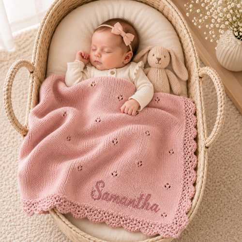 Personalized Crochet Knit Pointelle Baby Blanket, Embroidered Name Blanket, 100% Cotton Baby Blanket, Newborn Gift, Baby Shower Gift, Pink