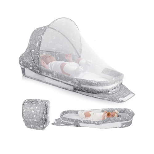 Portable Baby Lounger Bag, Foldabl Babies Nest with 2-in-1 Removable Mosquito Net, Infant Travel Nest Lounger, Easy Setup and Storage for Outdoors Indoors - Baby Registry(Gray)
