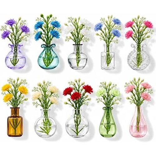 Mini Vase Magnets for Fridge, 10pack Cute Tiny Magnetic Glass Vases Refrigerator Accessories, Real Flowers Pot Magnet, Funny Aesthetic Plant Pot Locker Office Kitchen Decoration, Small Magnet Bud