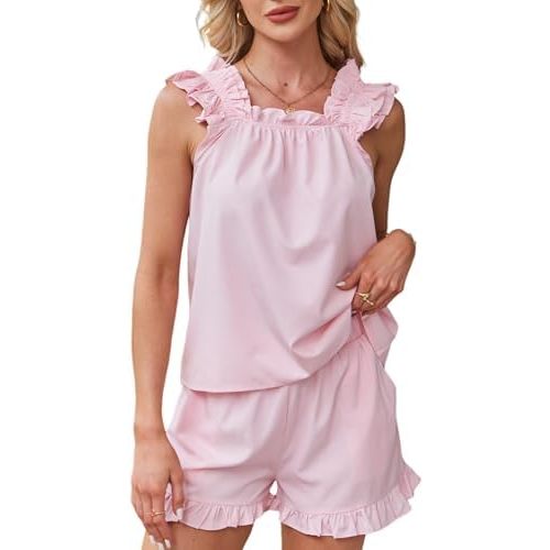 Wyeysyt Summer PJs for Women Set, Womens Floral Pajama Set Trim Cami Top and Shorts 2 Piece Sleepwear Set