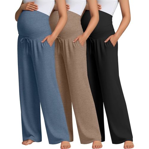 3 Pcs Maternity Sweatpants Over The Belly Pregnancy Straight Wide Leg Elastic Drawstring Pants Joggers with Pockets