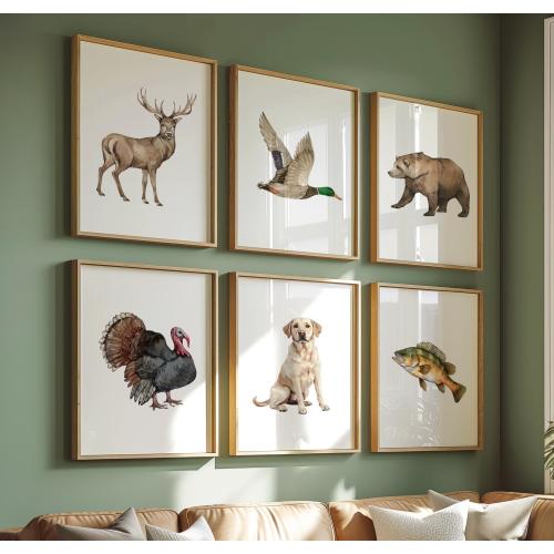 Set of 6 Hunting Nursery Prints, Mallard Duck, Yellow Labrador Deer Bear Turkey Fish Wall Art, Hunting Dog Decor, Hunting Lover, Hunter,