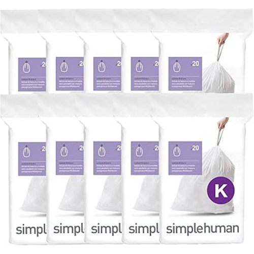 simplehuman Code K 200 Count Custom Fit Liners, Drawstring Kitchen Trash Bags, One-by-One Mess-Free Dispense, Extra Thick & Double Seamed, 50% PCR Plastic, 30-45 Liter / 8-12 Gallon, White