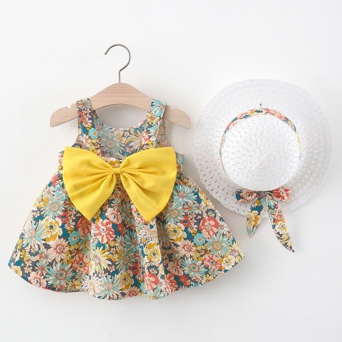 Summer Toddler Girl Clothes Set Baby Beach Dresses Bow Floral Sleeveless Cotton Newborn Princess Dress + Sunhat Clothes